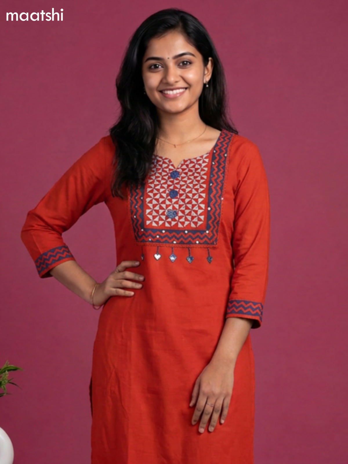 Rust Orange and Blue Cotton Embroidery Work Straight Suit