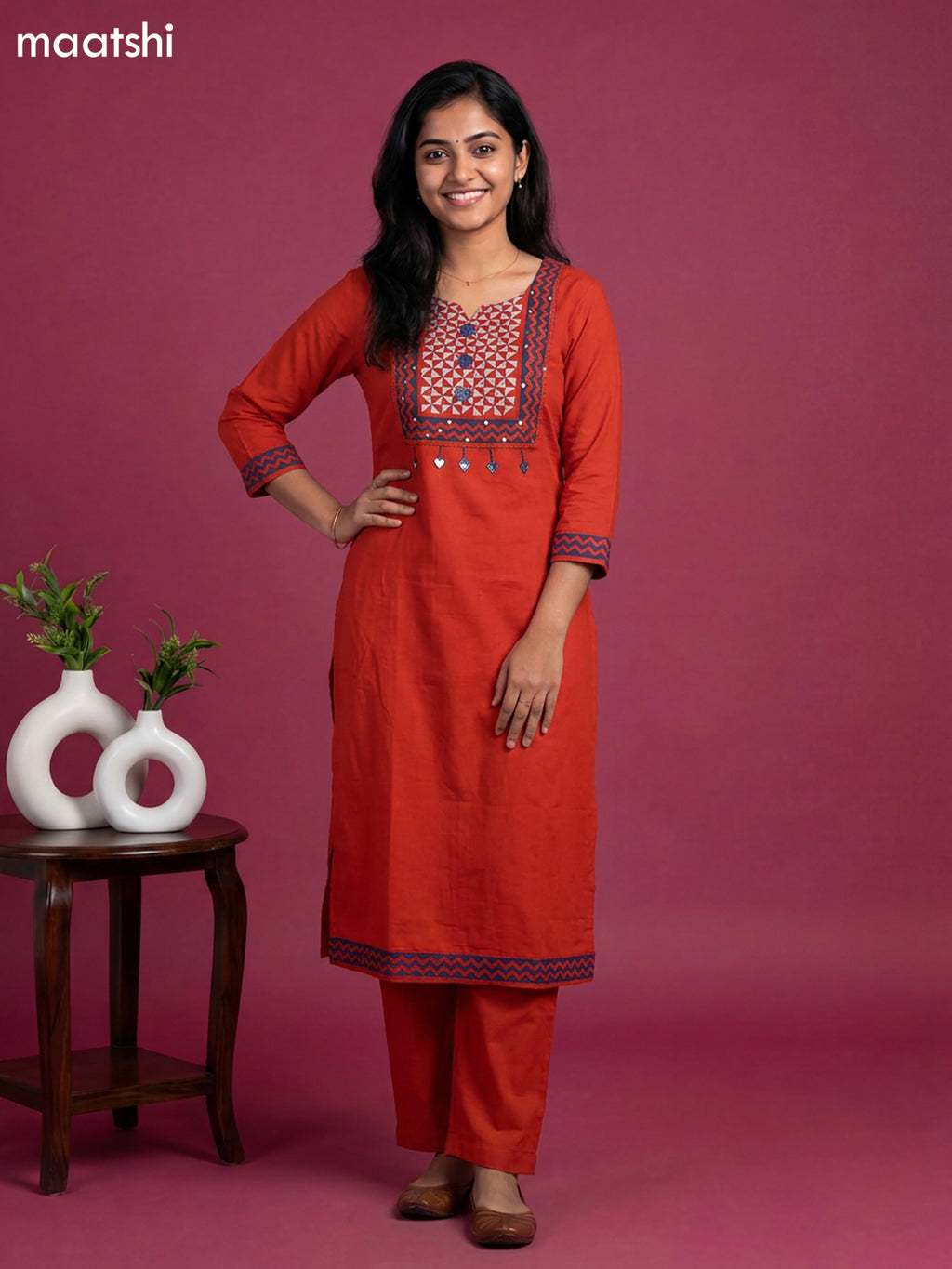 Rust Orange and Blue Cotton Embroidery Work Straight Suit