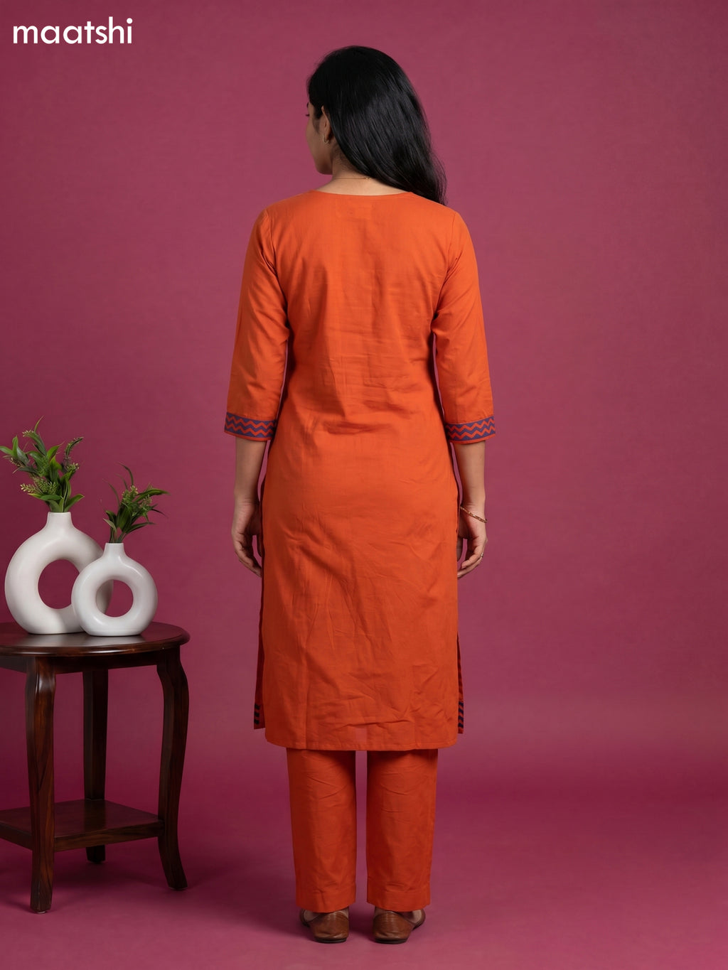 Rust Orange and Blue Cotton Embroidery Work Straight Suit