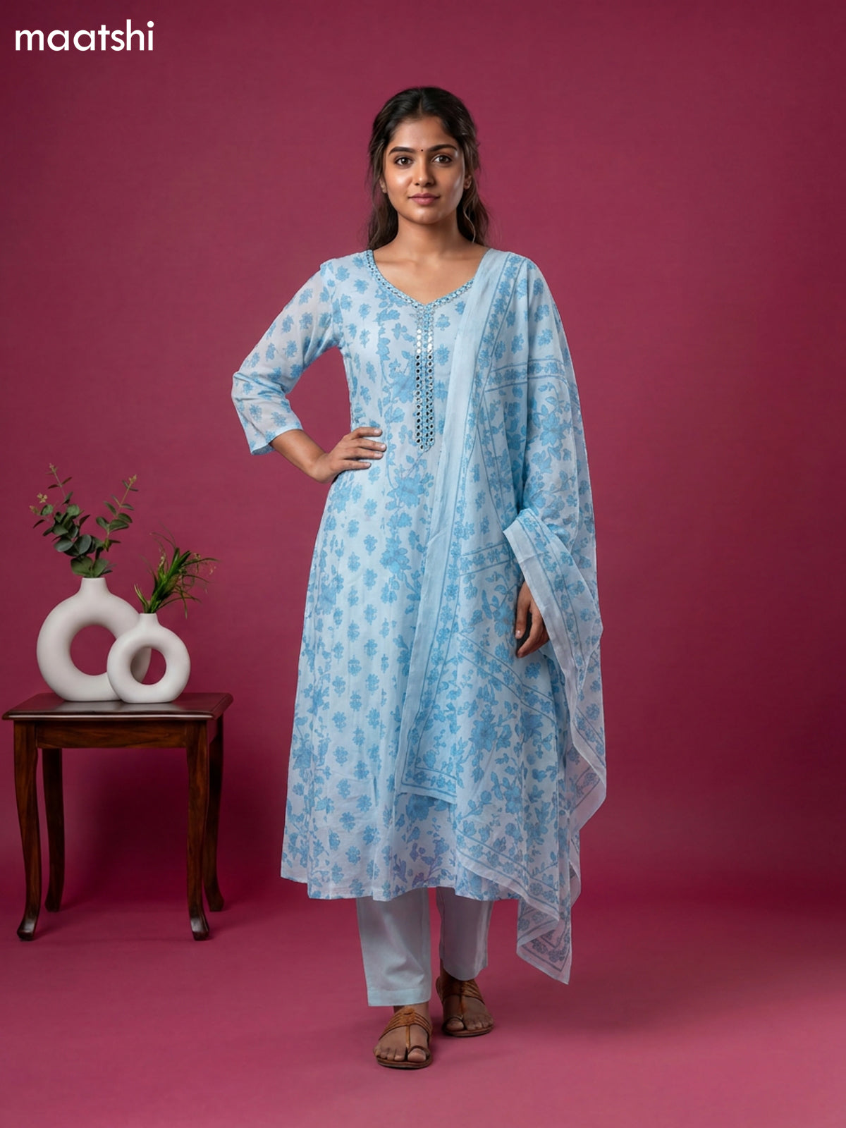 Blue Cotton Floral Printed Anarkali Suit