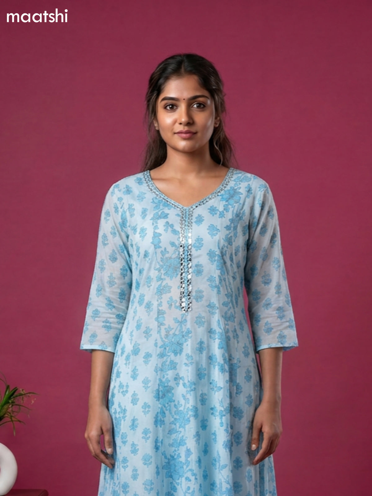 Blue Cotton Floral Printed Anarkali Suit