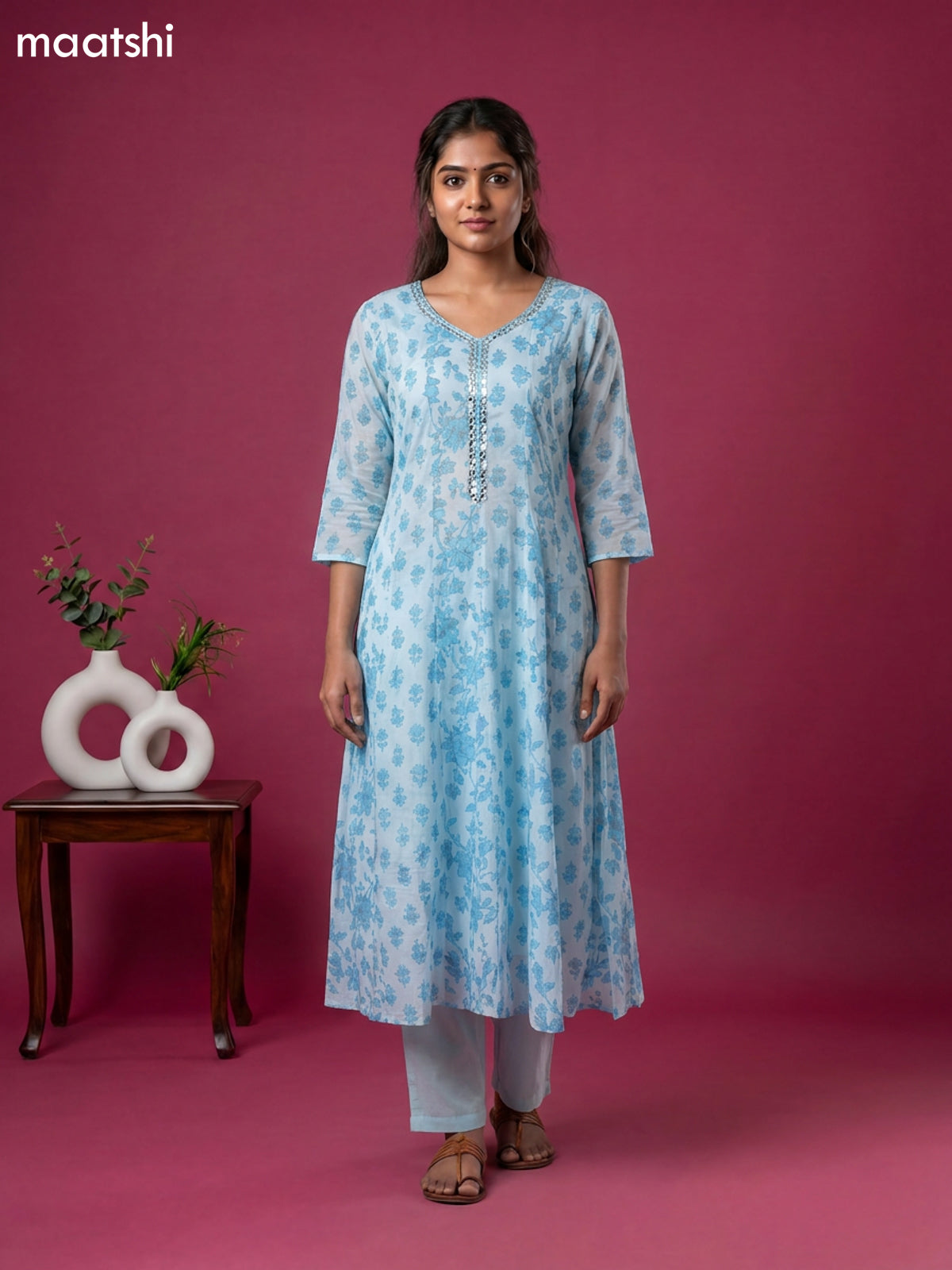 Blue Cotton Floral Printed Anarkali Suit