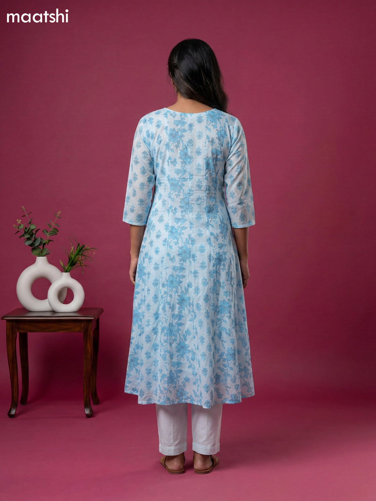 Blue Cotton Floral Printed Anarkali Suit