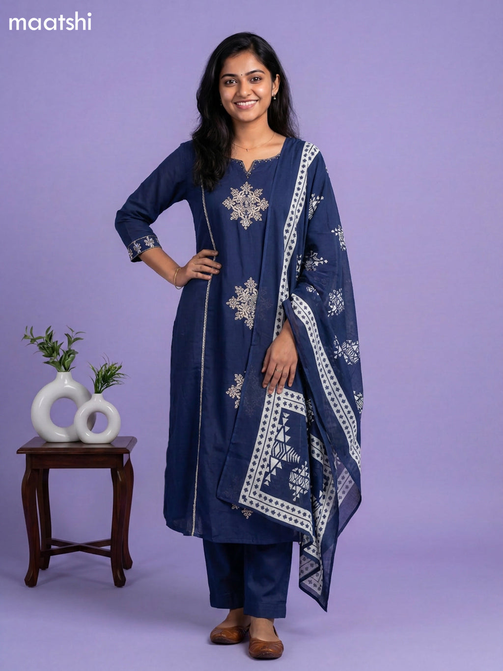 Navy Blue Cotton Embroidery Work Anarkali Suit
