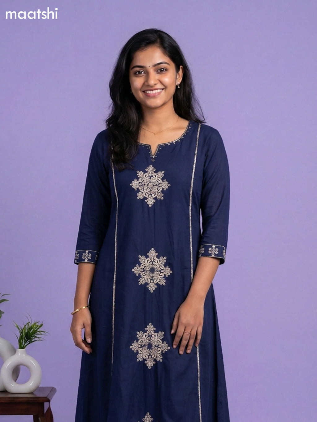 Navy Blue Cotton Embroidery Work Anarkali Suit