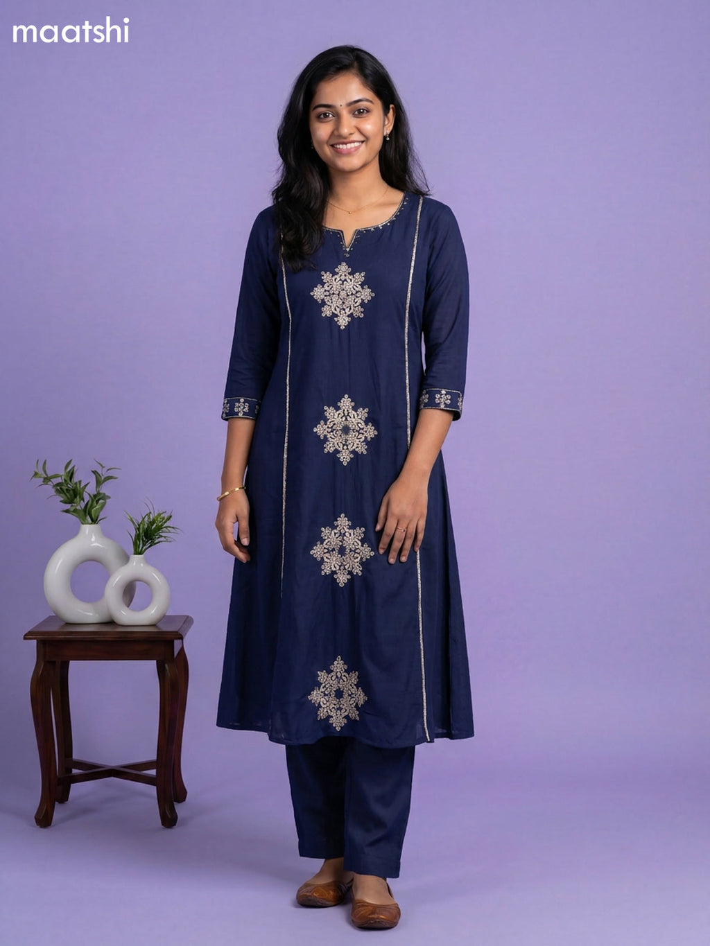 Navy Blue Cotton Embroidery Work Anarkali Suit