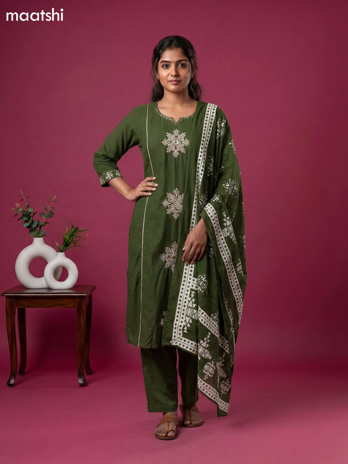 Green Cotton Embroidery Work Anarkali Suit