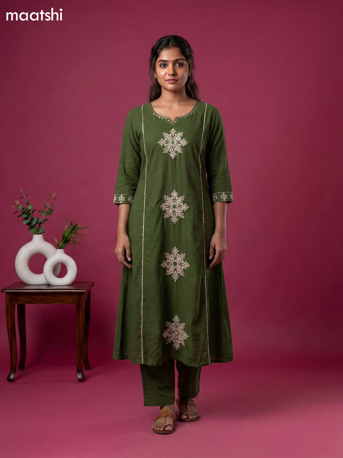 Green Cotton Embroidery Work Anarkali Suit