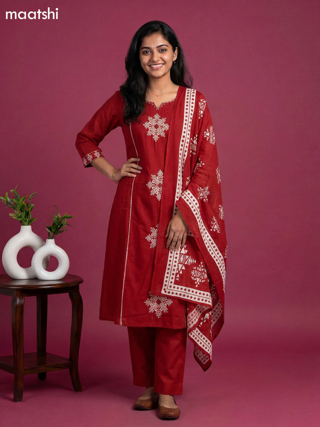 Maroon Cotton Embroidery Work Anarkali Suit