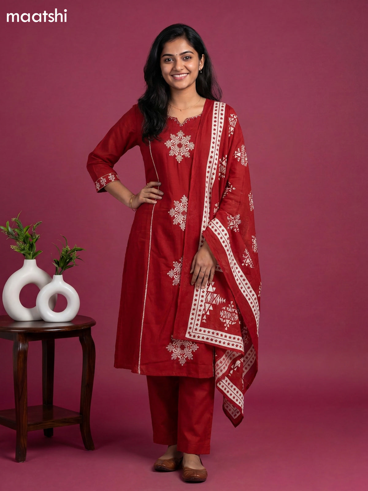 Maroon Cotton Embroidery Work Anarkali Suit