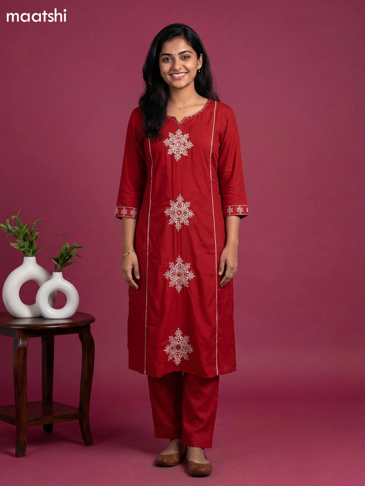 Maroon Cotton Embroidery Work Anarkali Suit