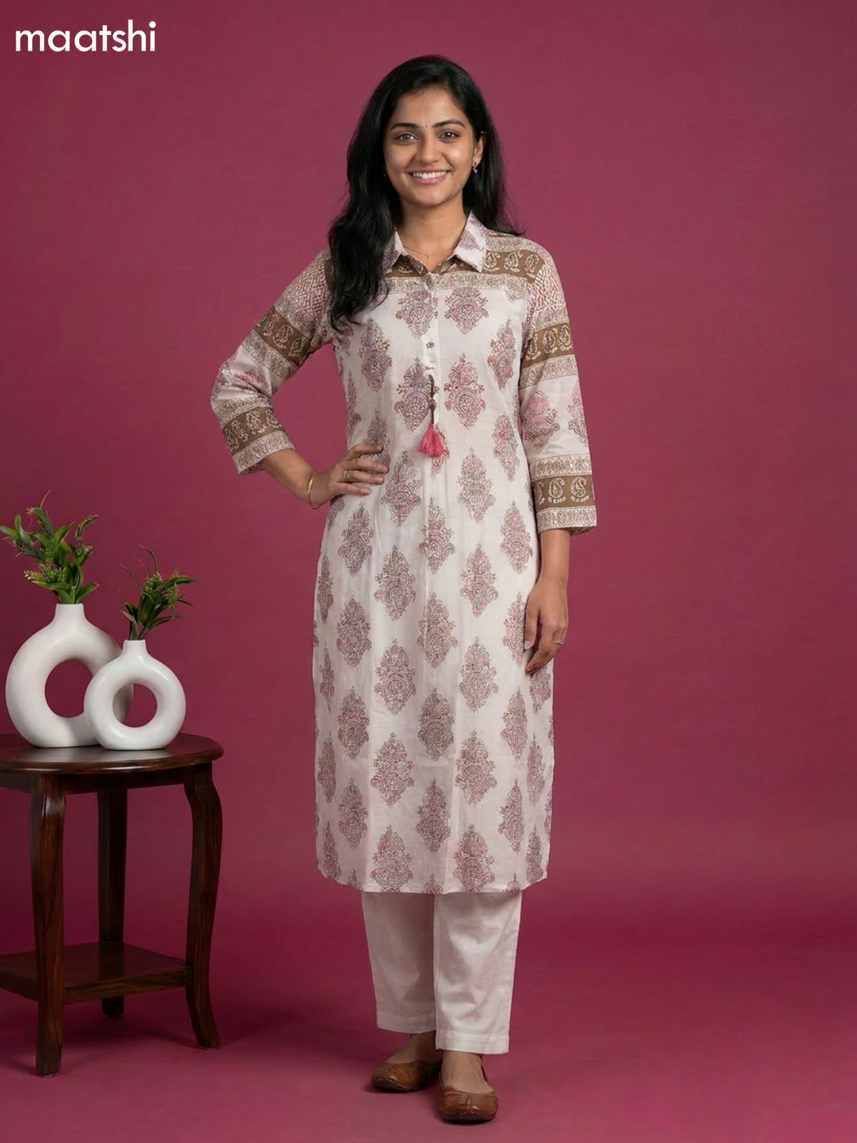 Off White and Mauve Pink Mul Chanderi Printed & With Slip Kurti Set