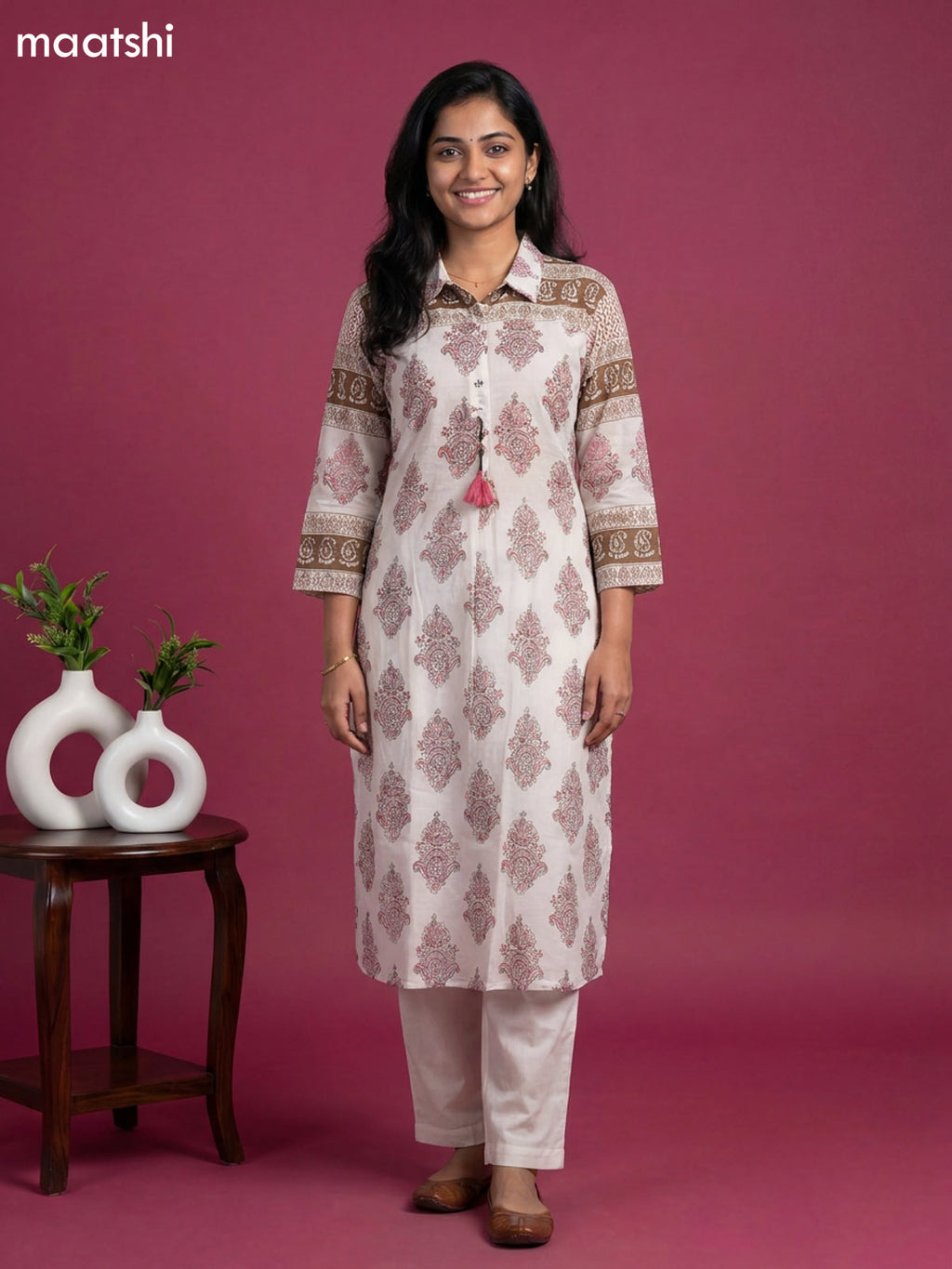 Off White and Mauve Pink Mul Chanderi Printed & With Slip Kurti Set