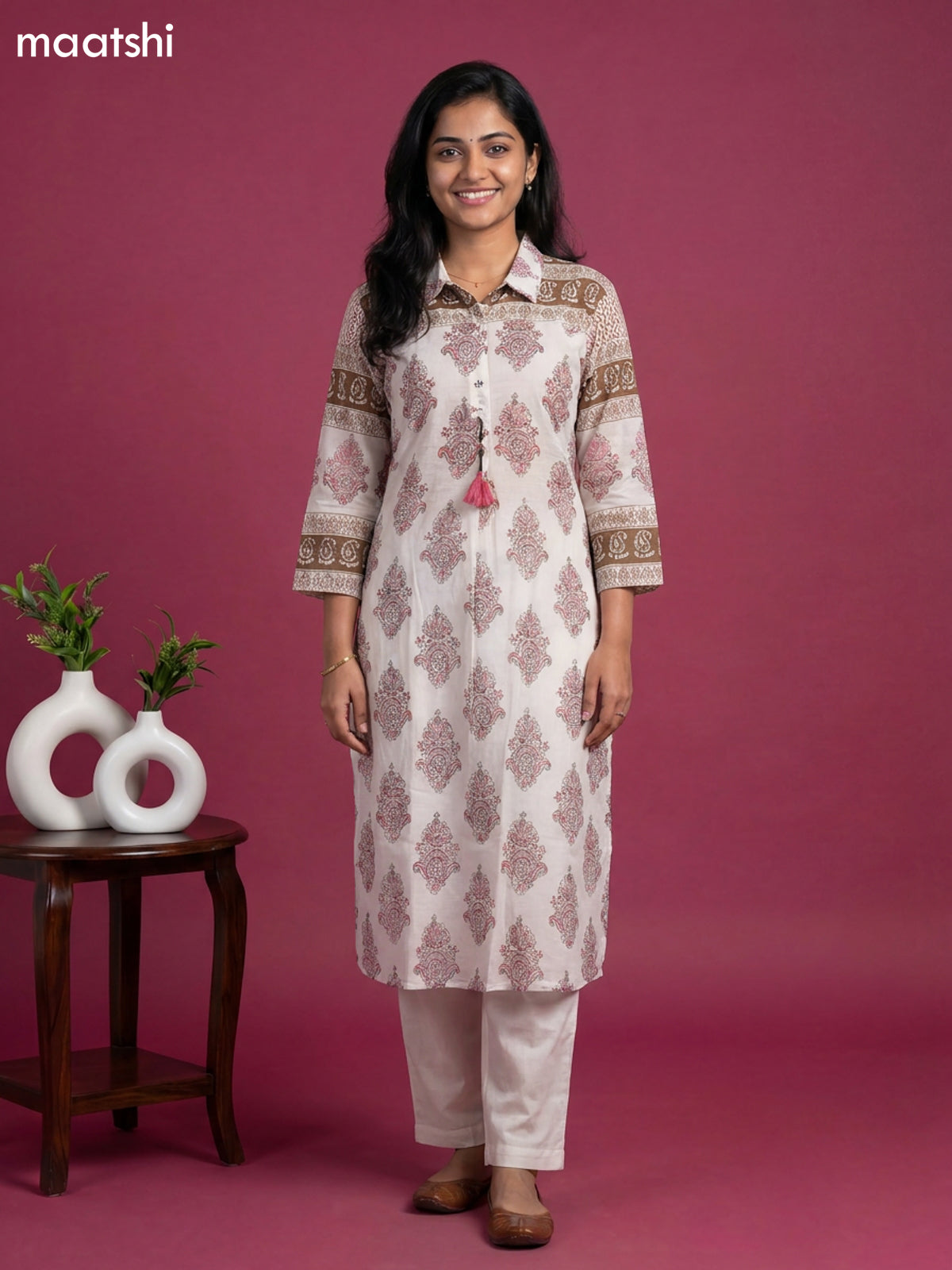 Off White and Mauve Pink Mul Chanderi Printed & With Slip Kurti Set