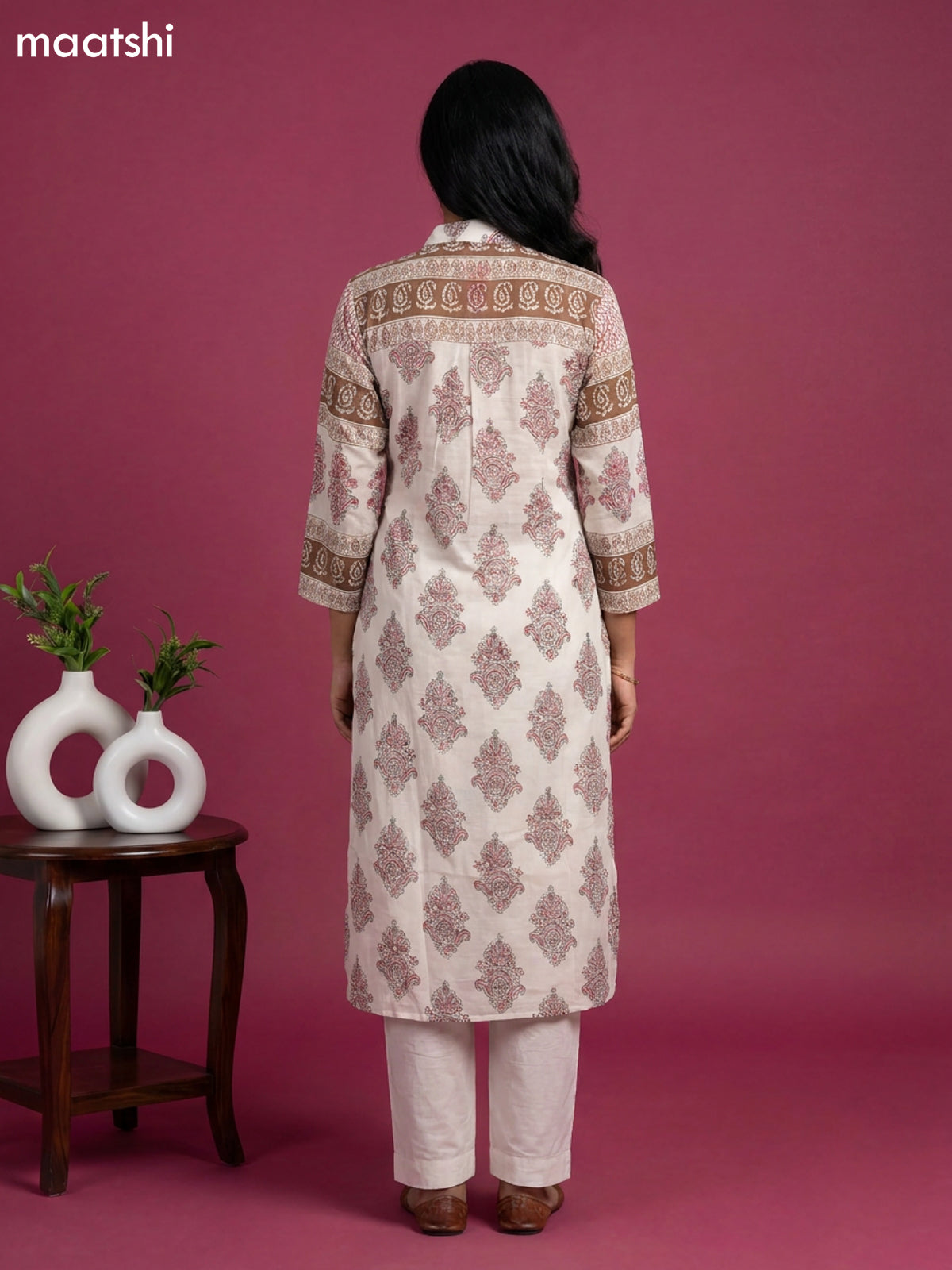 Off White and Mauve Pink Mul Chanderi Printed & With Slip Kurti Set