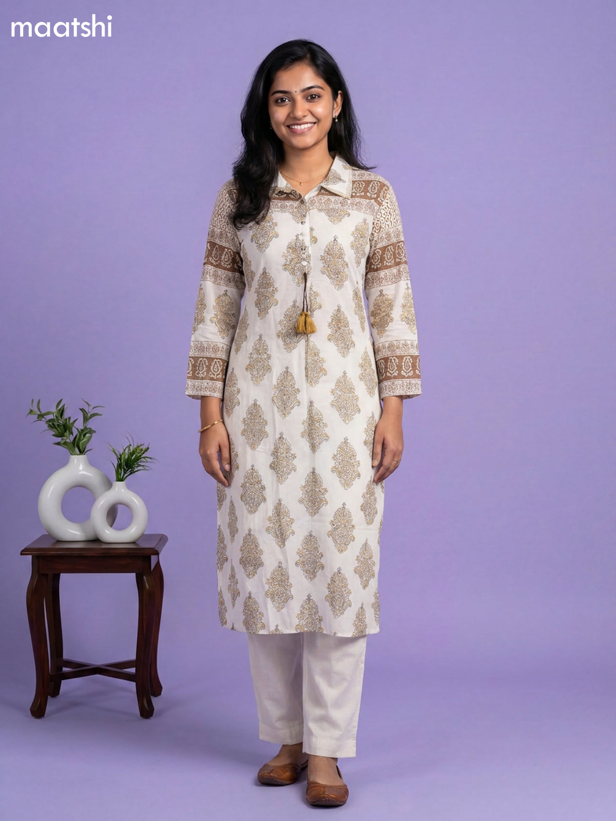 Off White and Mehandi Green Mul Chanderi Printed & With Slip Kurti Set