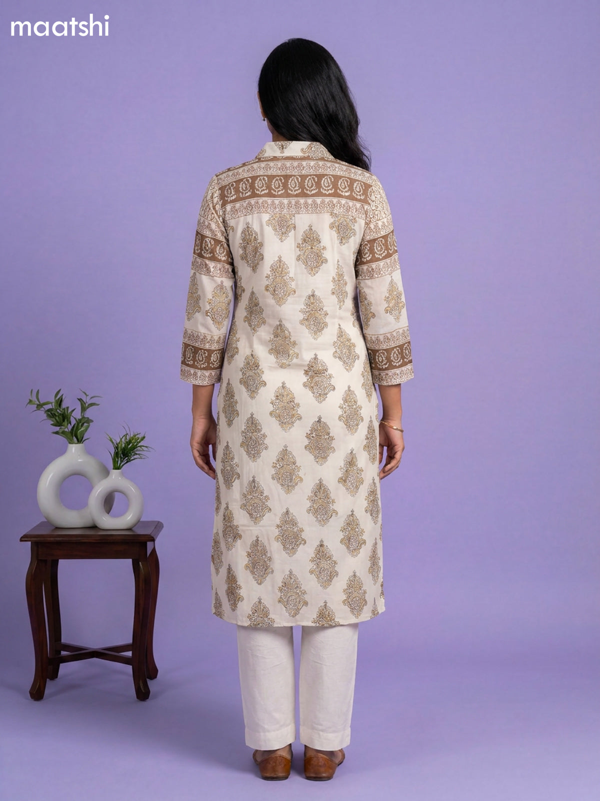 Off White and Mehandi Green Mul Chanderi Printed & With Slip Kurti Set