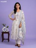 Off White and Blue Cotton Floral Printed Straight Suit