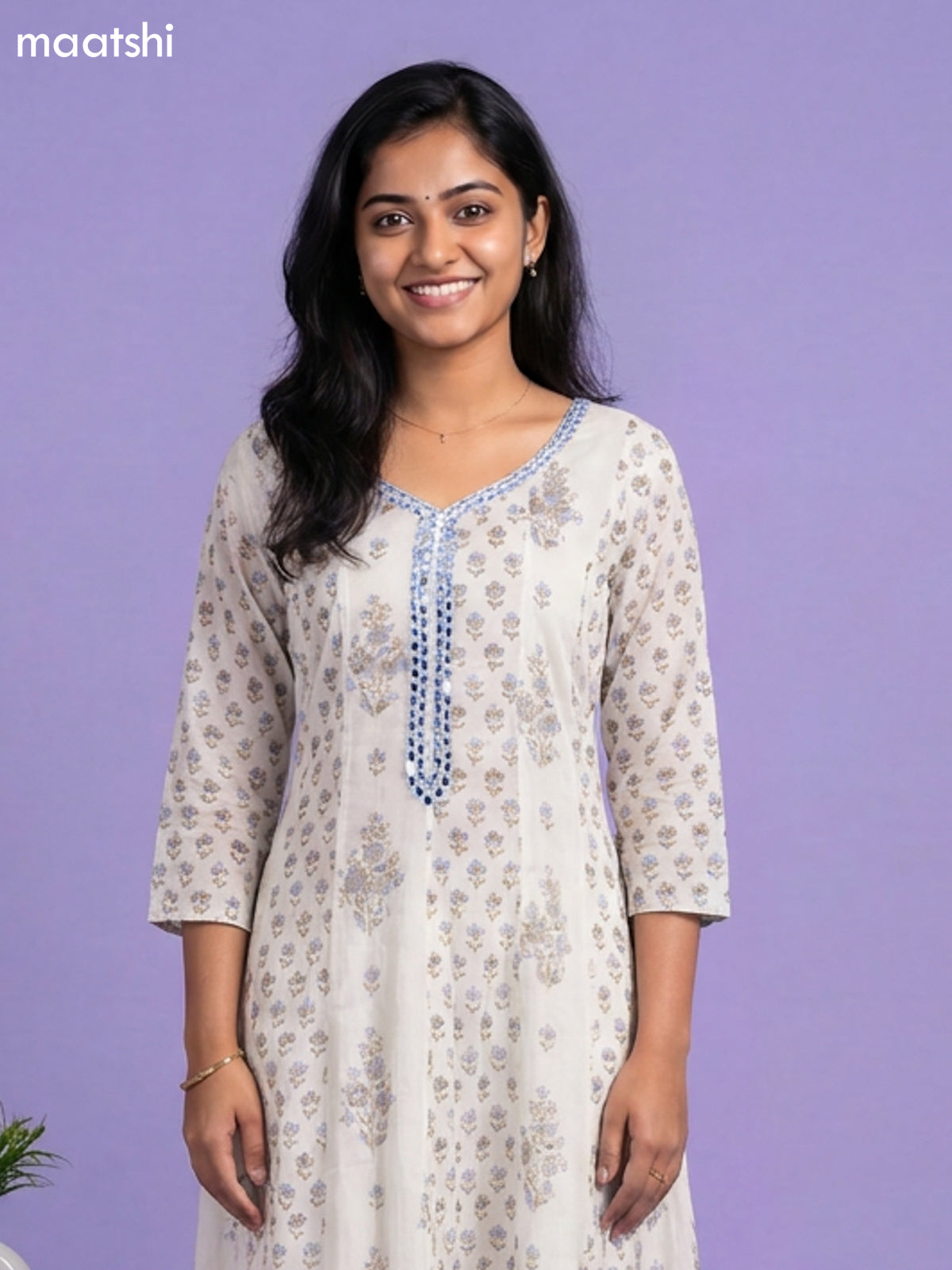 Off White and Blue Cotton Floral Printed Straight Suit
