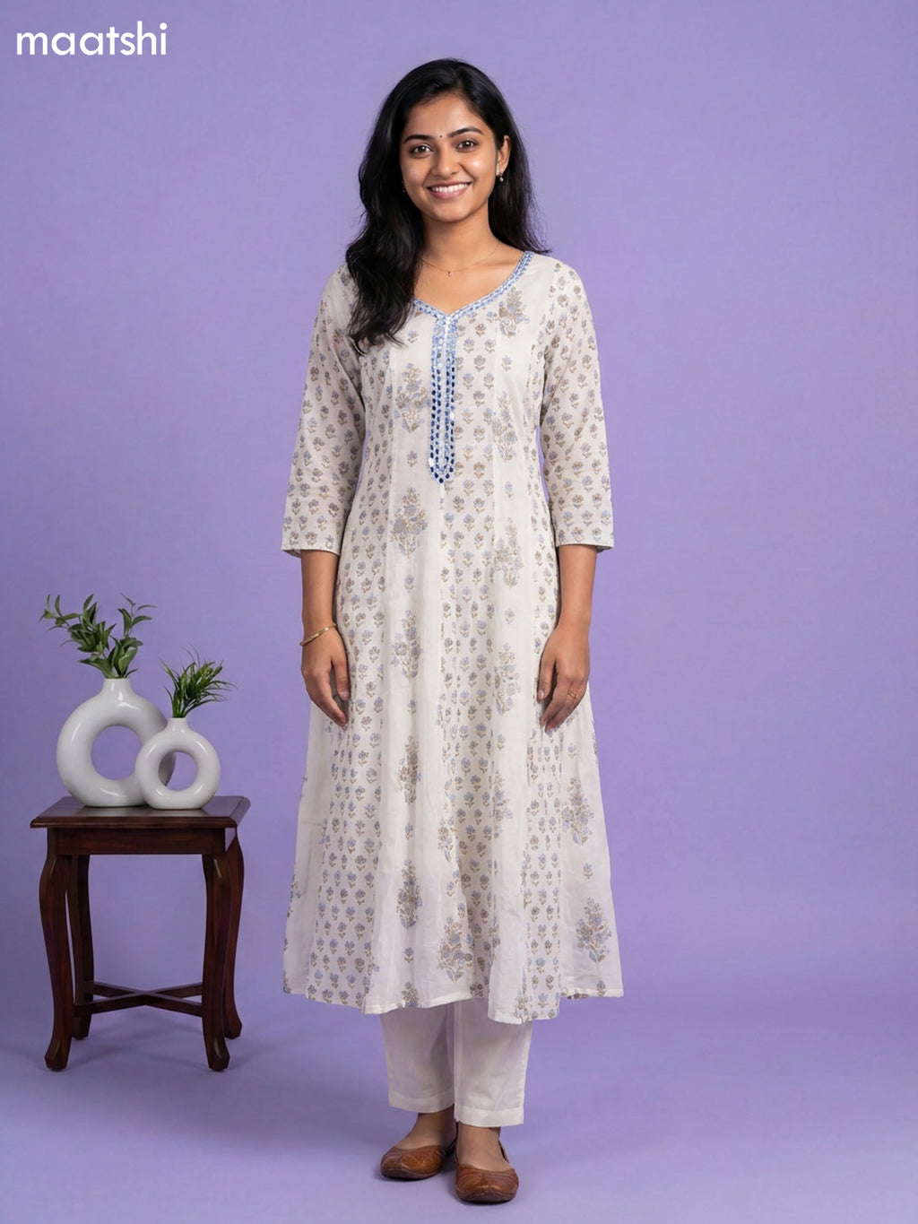 Off White and Blue Cotton Floral Printed Straight Suit