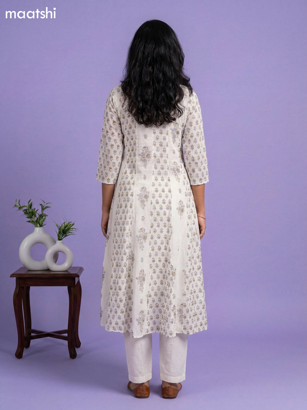 Off White and Blue Cotton Floral Printed Straight Suit