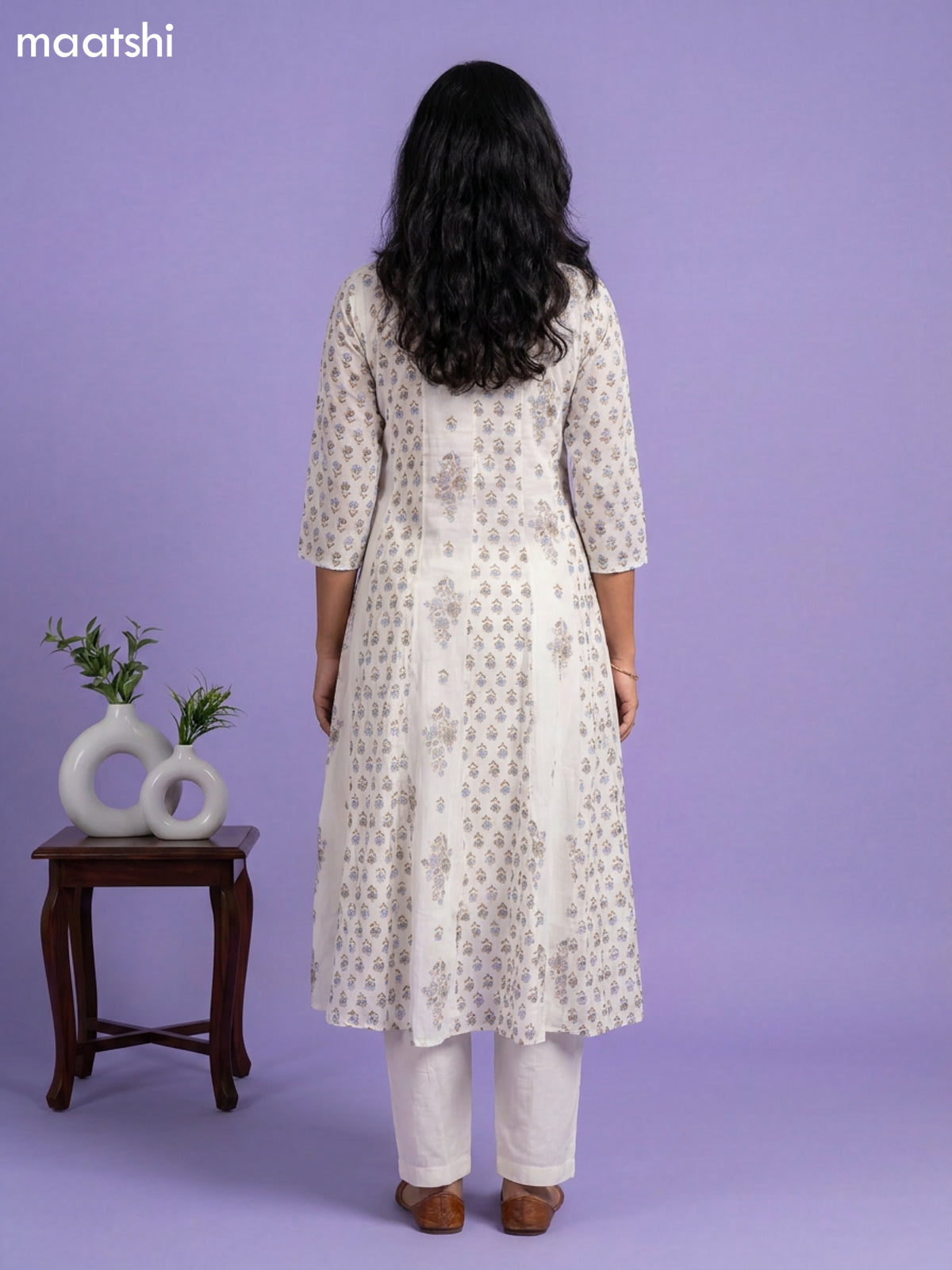 Off White and Blue Cotton Floral Printed Straight Suit
