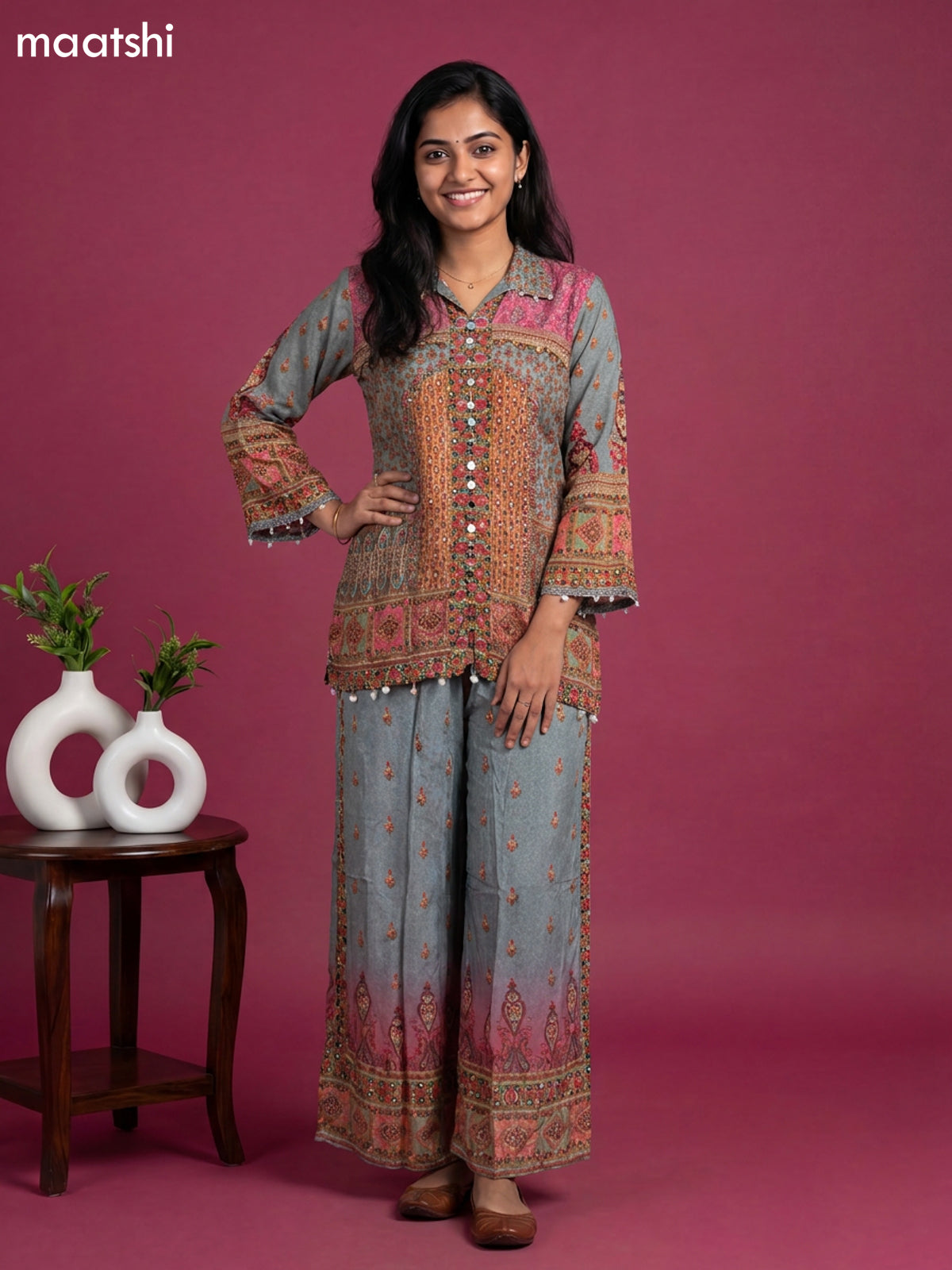 Pastel Grey and Pink Crepe Silk Printed Short Co-Ord Set