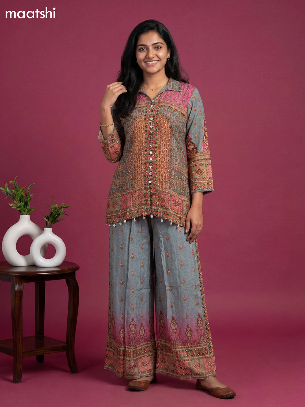 Pastel Grey and Pink Crepe Silk Printed Short Co-Ord Set