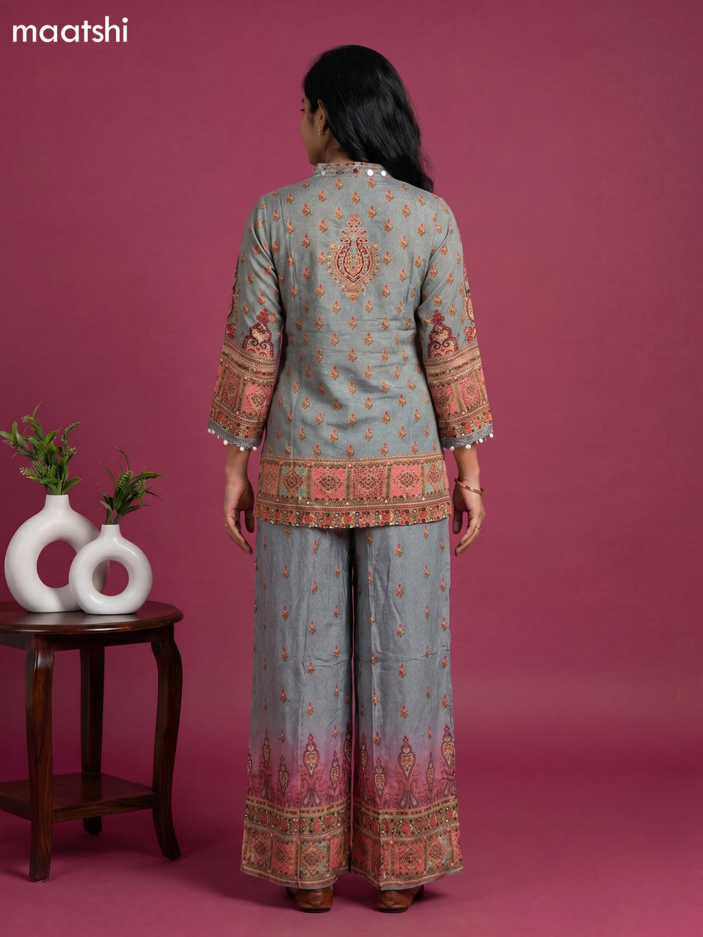 Pastel Grey and Pink Crepe Silk Printed Short Co-Ord Set