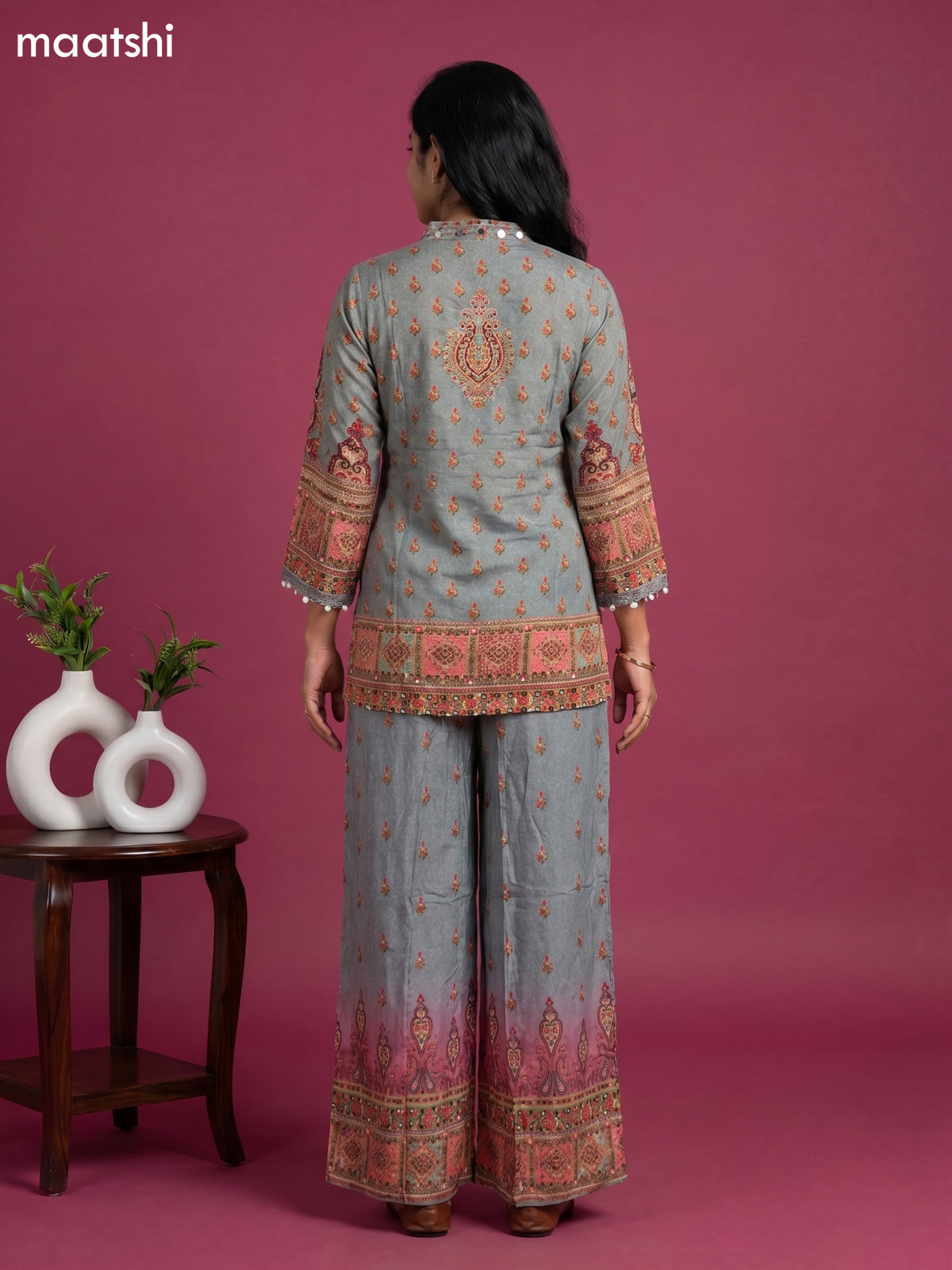 Pastel Grey and Pink Crepe Silk Printed Short Co-Ord Set