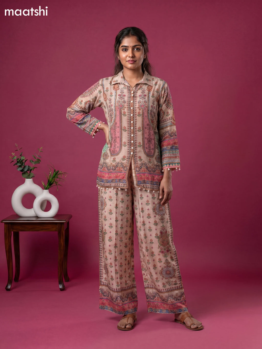 Beige and Pink Crepe Silk Printed Short Co-Ord Set