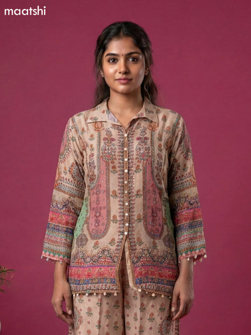 Beige and Pink Crepe Silk Printed Short Co-Ord Set
