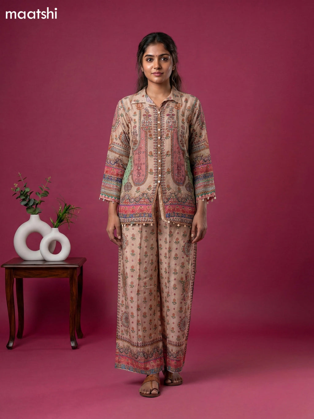 Beige and Pink Crepe Silk Printed Short Co-Ord Set