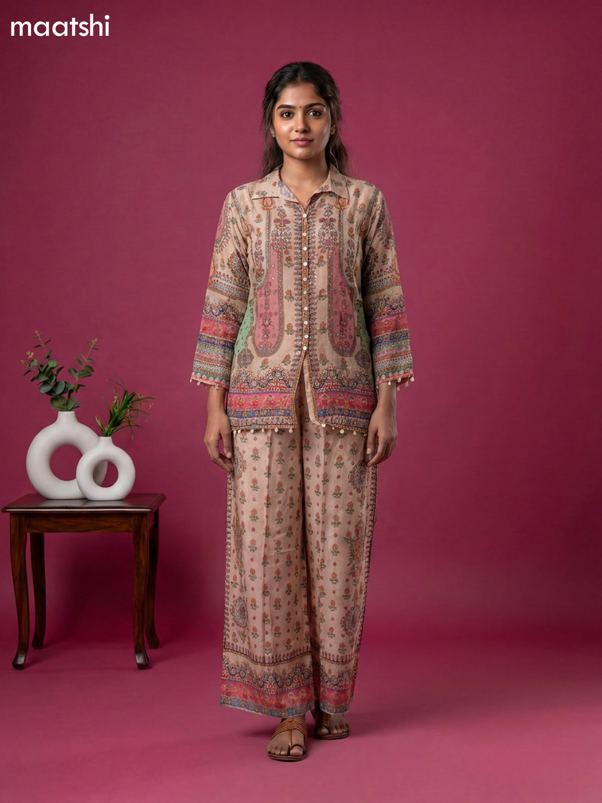 Beige and Pink Crepe Silk Printed Short Co-Ord Set