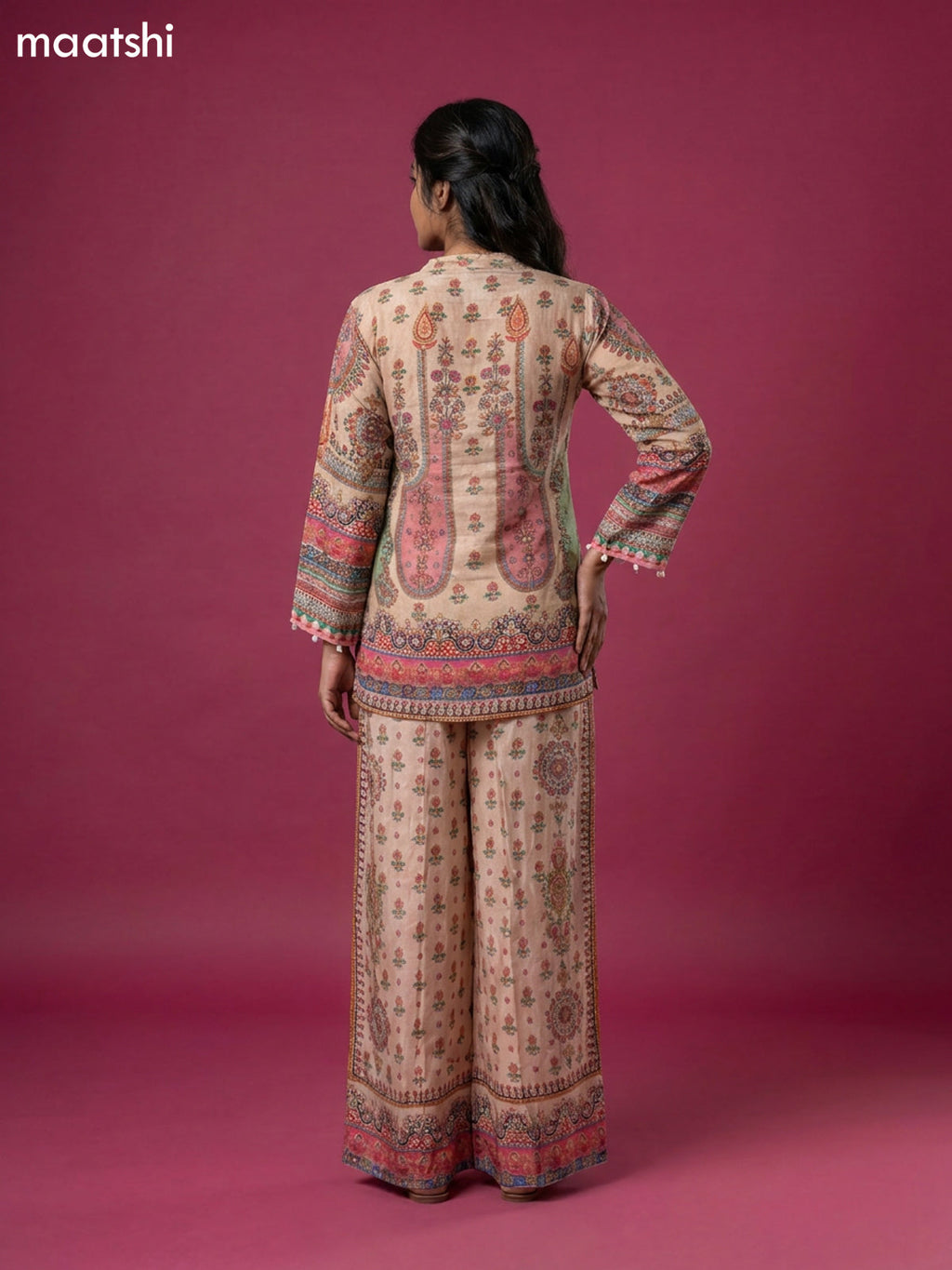 Beige and Pink Crepe Silk Printed Short Co-Ord Set