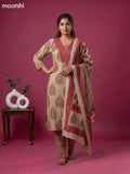 Beige and Pink Cotton Floral Printed Straight Suit
