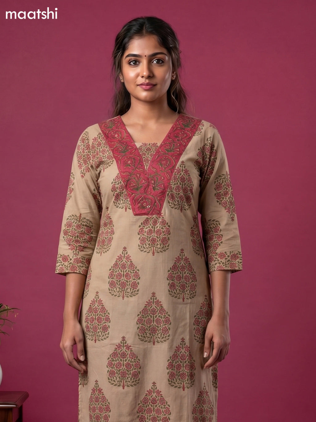 Beige and Pink Cotton Floral Printed Straight Suit