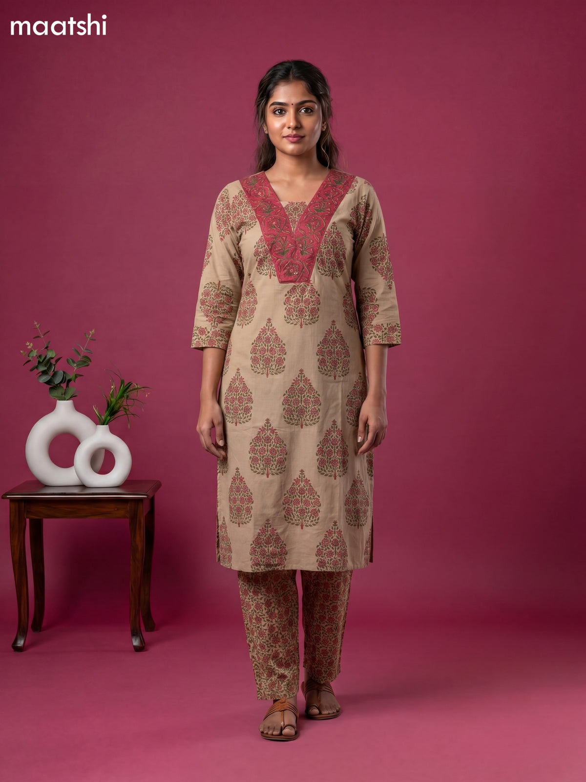 Beige and Pink Cotton Floral Printed Straight Suit