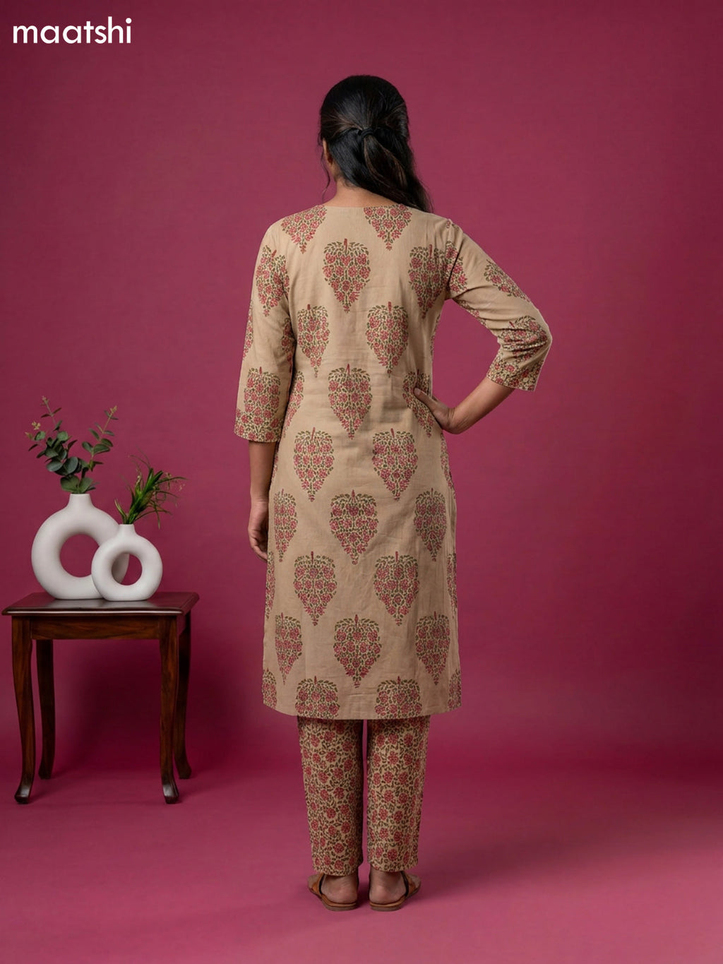 Beige and Pink Cotton Floral Printed Straight Suit