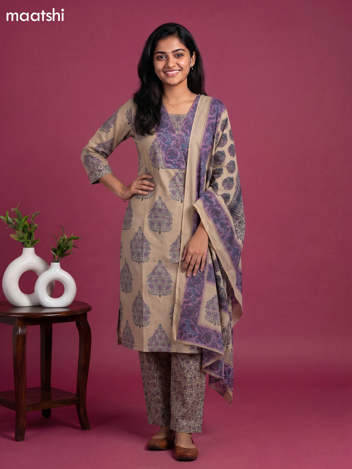 Beige and Purple Cotton Floral Printed Straight Suit