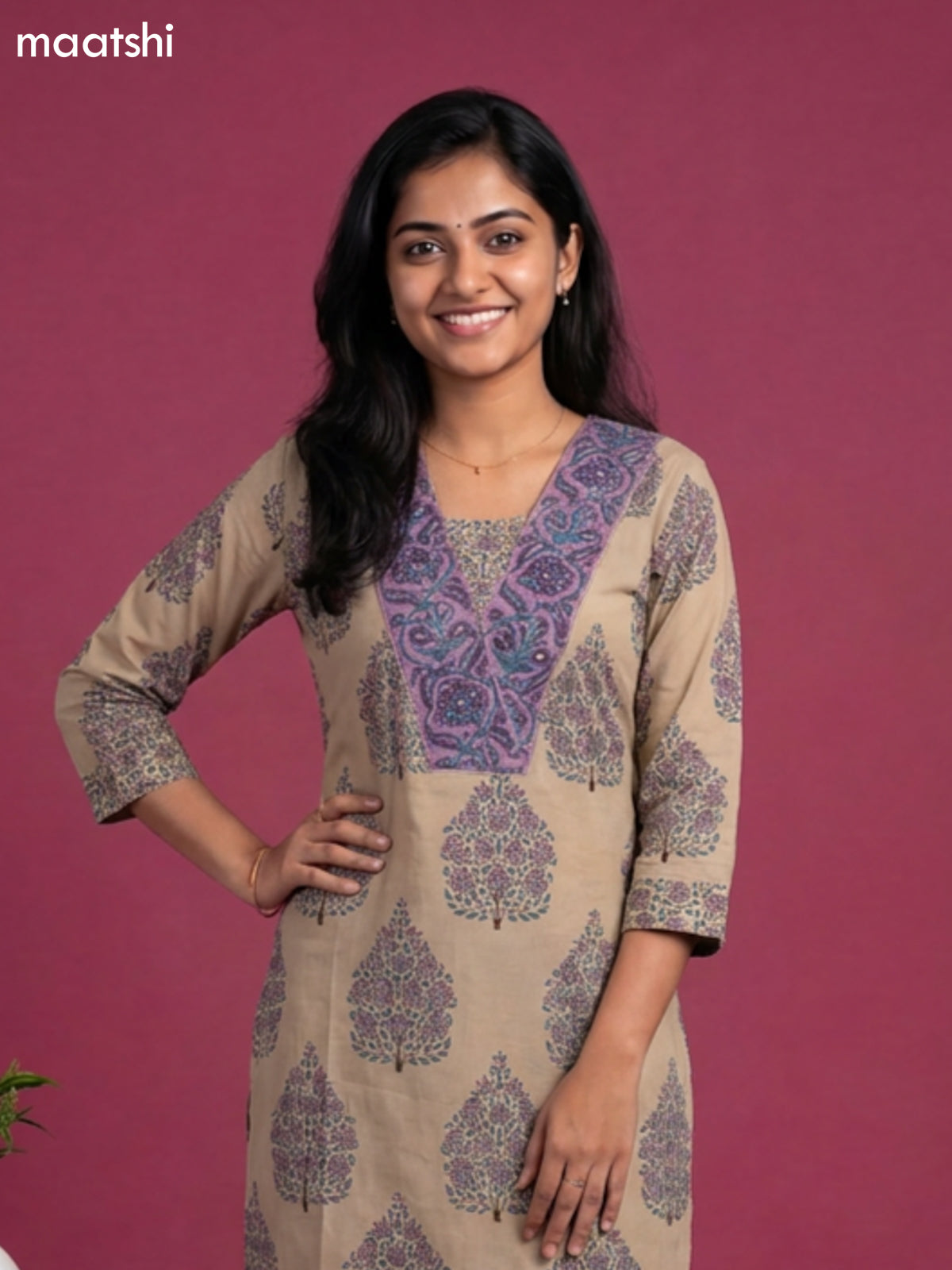 Beige and Purple Cotton Floral Printed Straight Suit