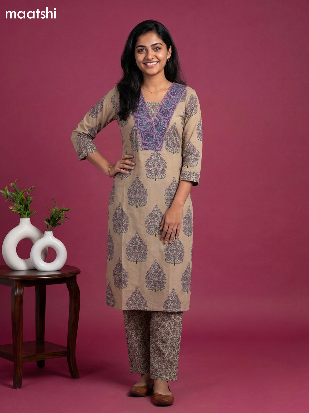 Beige and Purple Cotton Floral Printed Straight Suit
