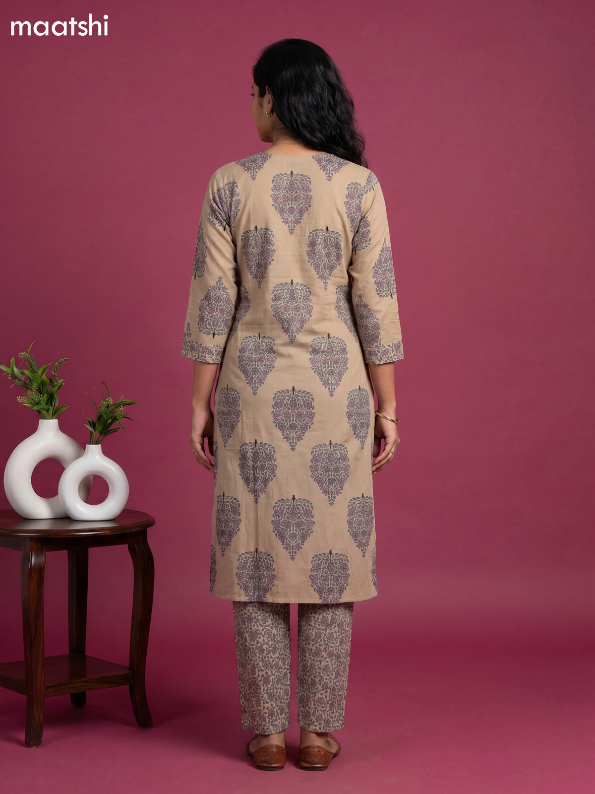 Beige and Purple Cotton Floral Printed Straight Suit