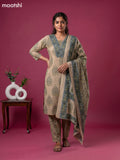 Beige and Bluish Grey Cotton Floral Printed Straight Suit