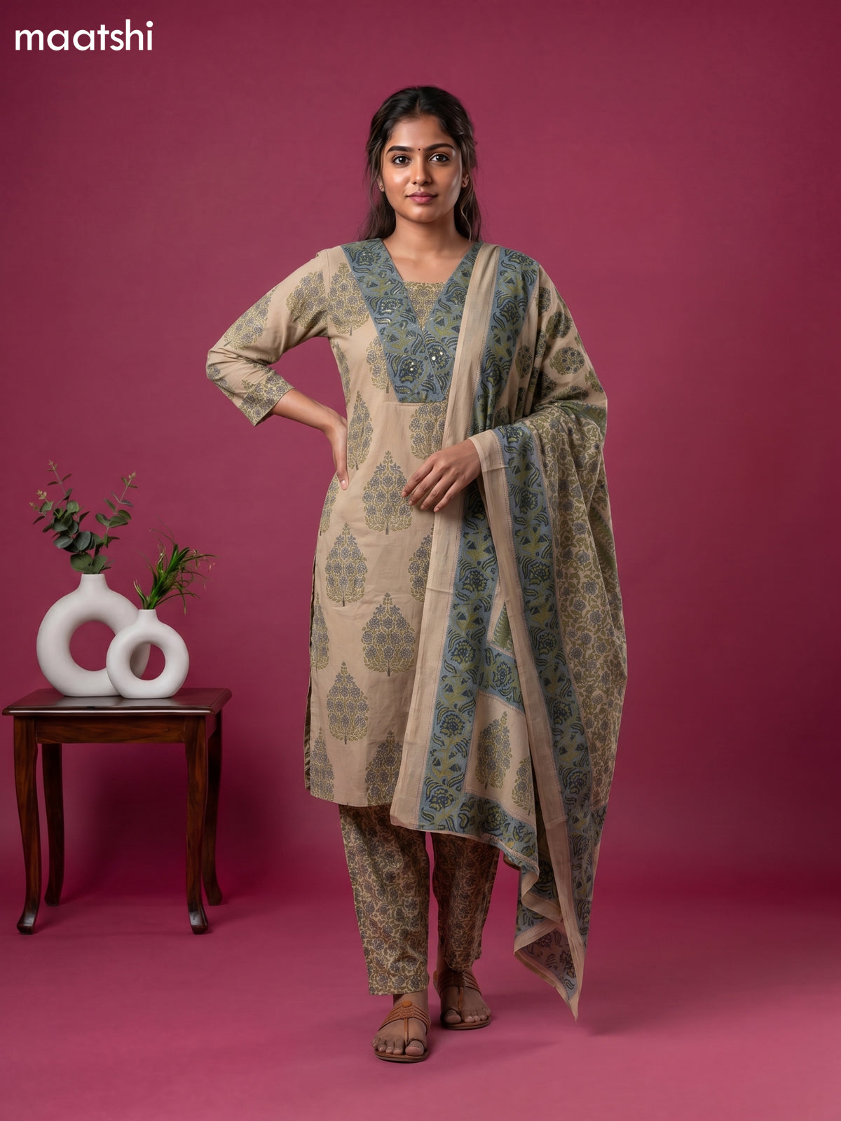 Beige and Purple Cotton Floral Printed Straight Suit