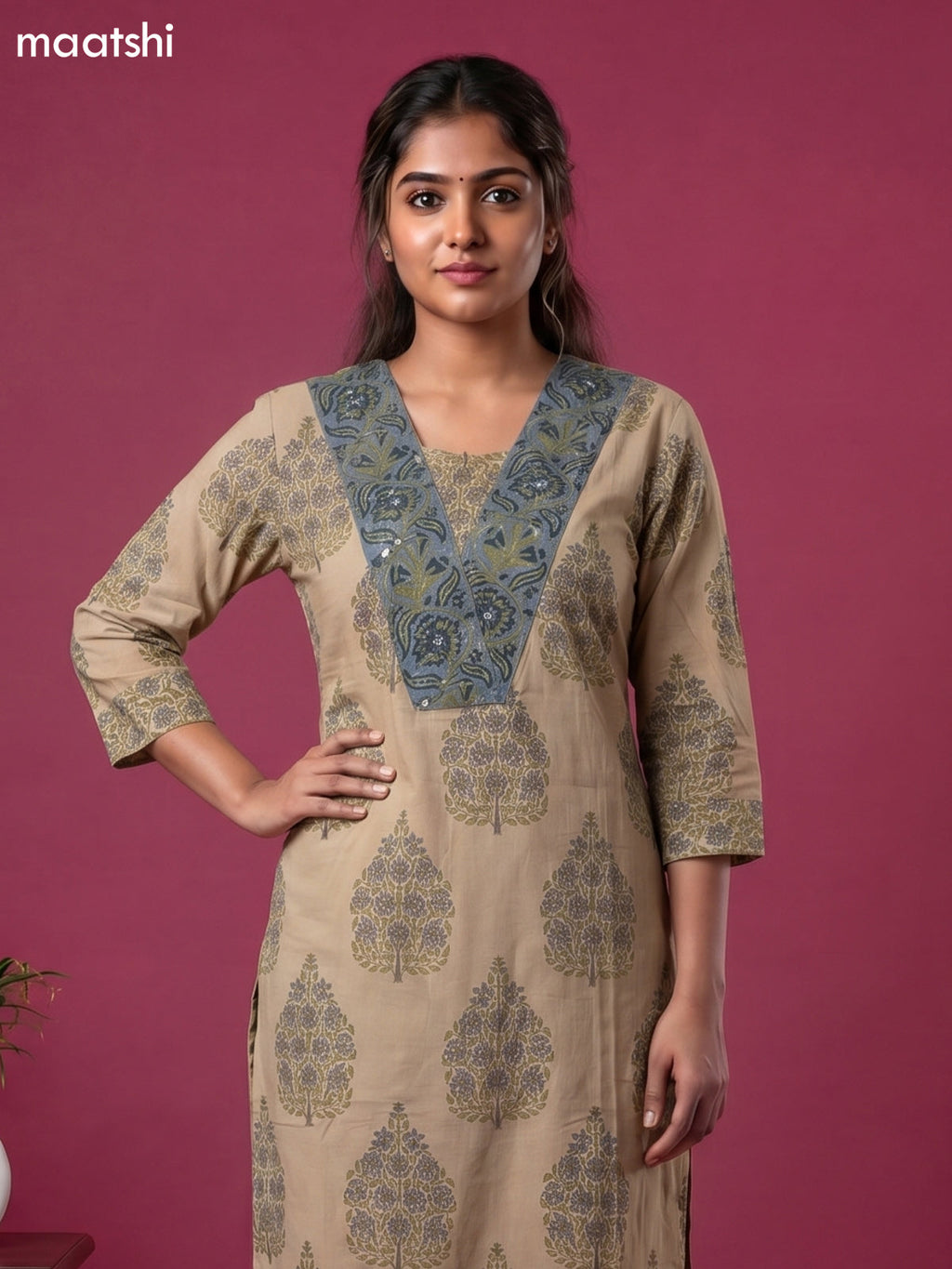 Beige and Bluish Grey Cotton Floral Printed Straight Suit