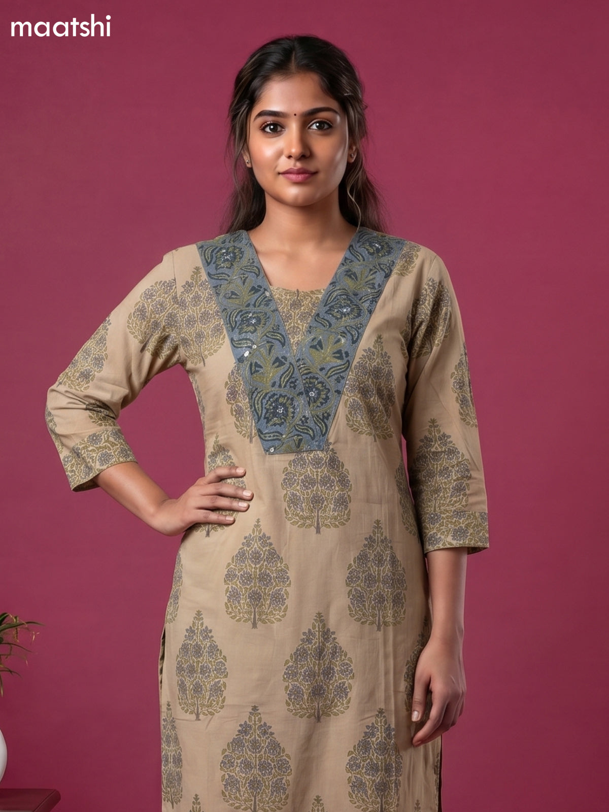 Beige and Purple Cotton Floral Printed Straight Suit