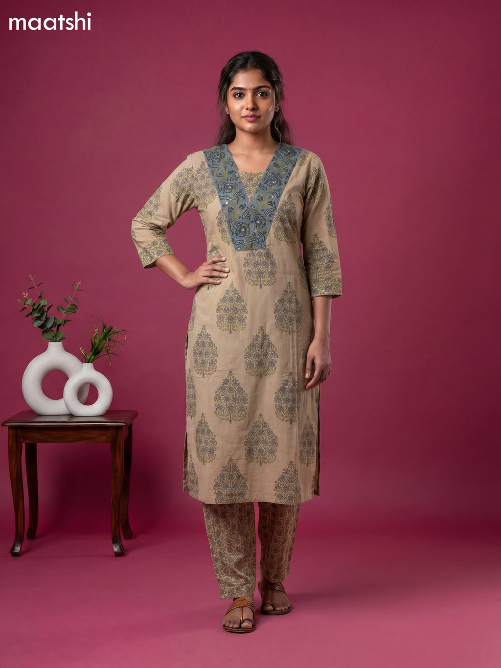 Beige and Bluish Grey Cotton Floral Printed Straight Suit