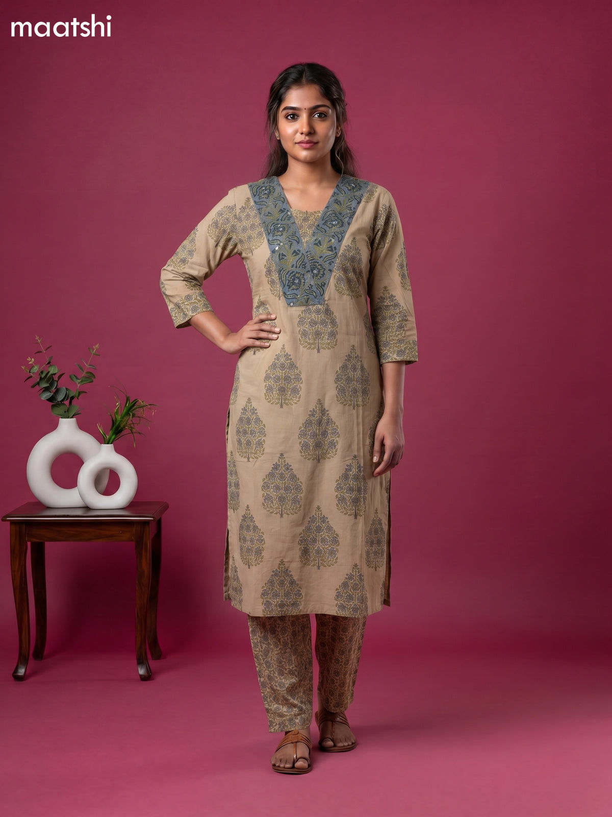 Beige and Purple Cotton Floral Printed Straight Suit
