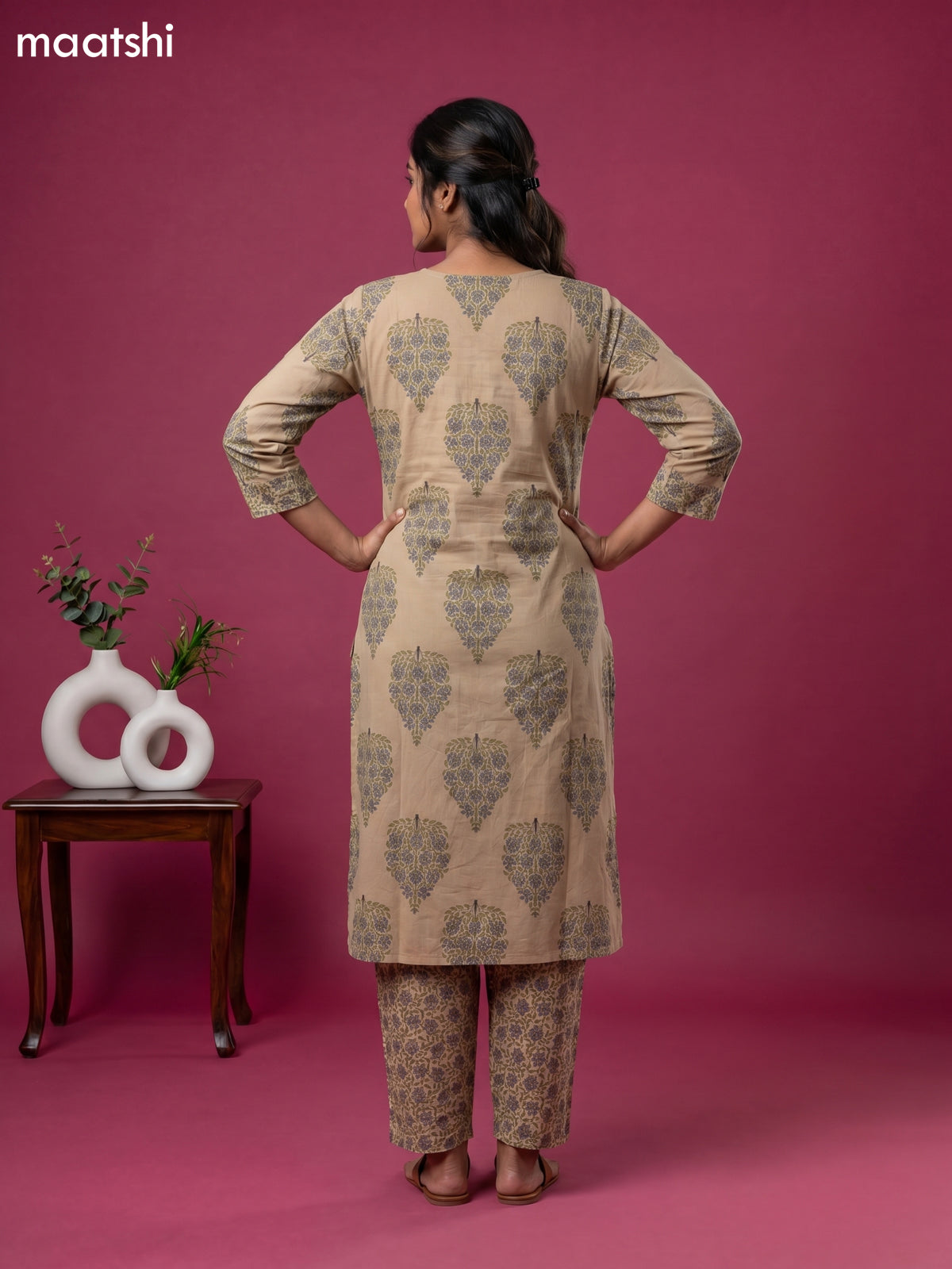 Beige and Purple Cotton Floral Printed Straight Suit